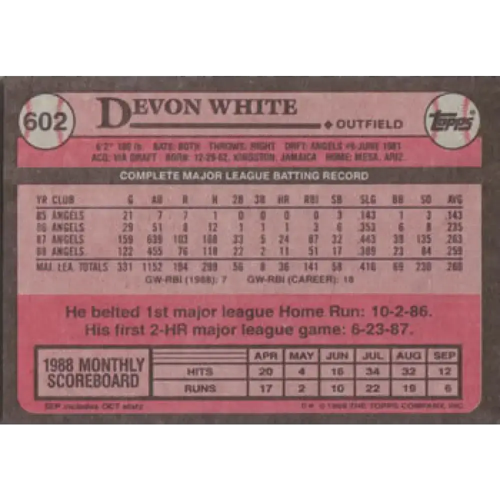 1989 Topps #602 Devon White NM-MT California Angels Baseball Card - Baseball Card Single
