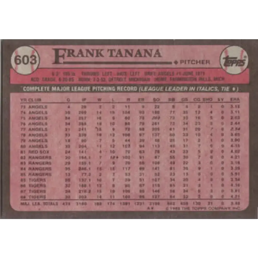1989 Topps #603 Frank Tanana NM-MT Detroit Tigers Baseball Card - Baseball Card Single
