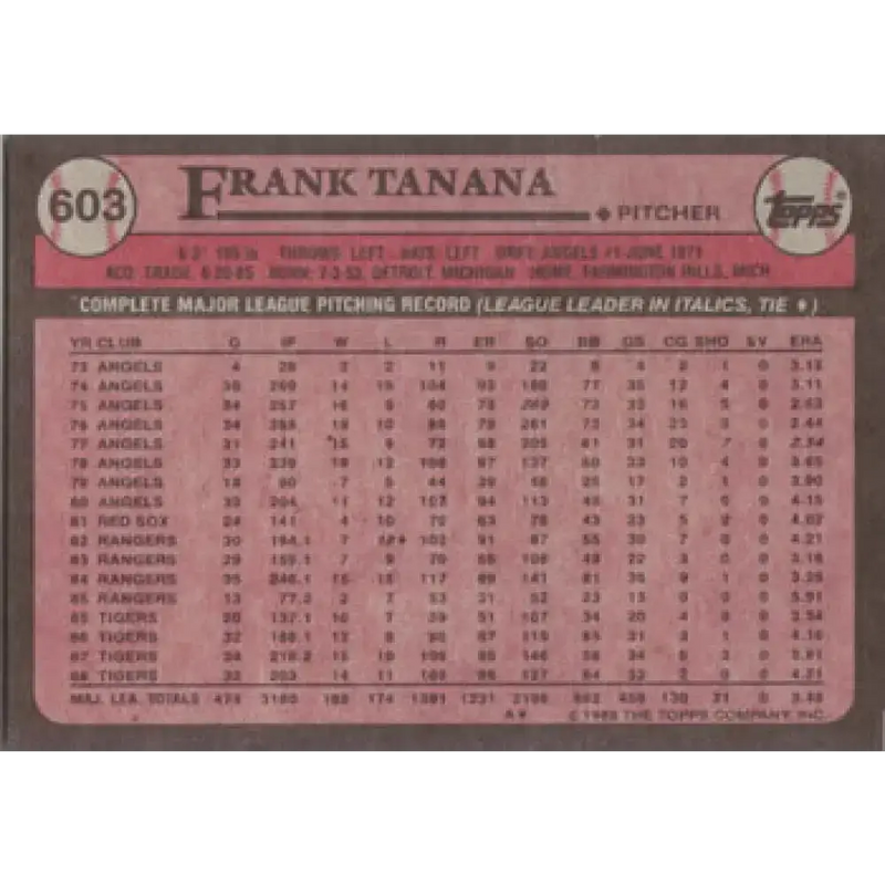 1989 Topps #603 Frank Tanana NM-MT Detroit Tigers Baseball Card - Baseball Card Single