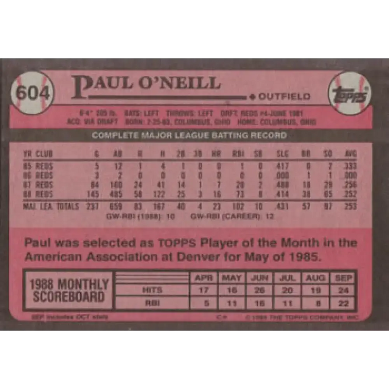 1989 Topps #604 Paul O’Neill NM-MT Cincinnati Reds Baseball Card - Baseball Card Single