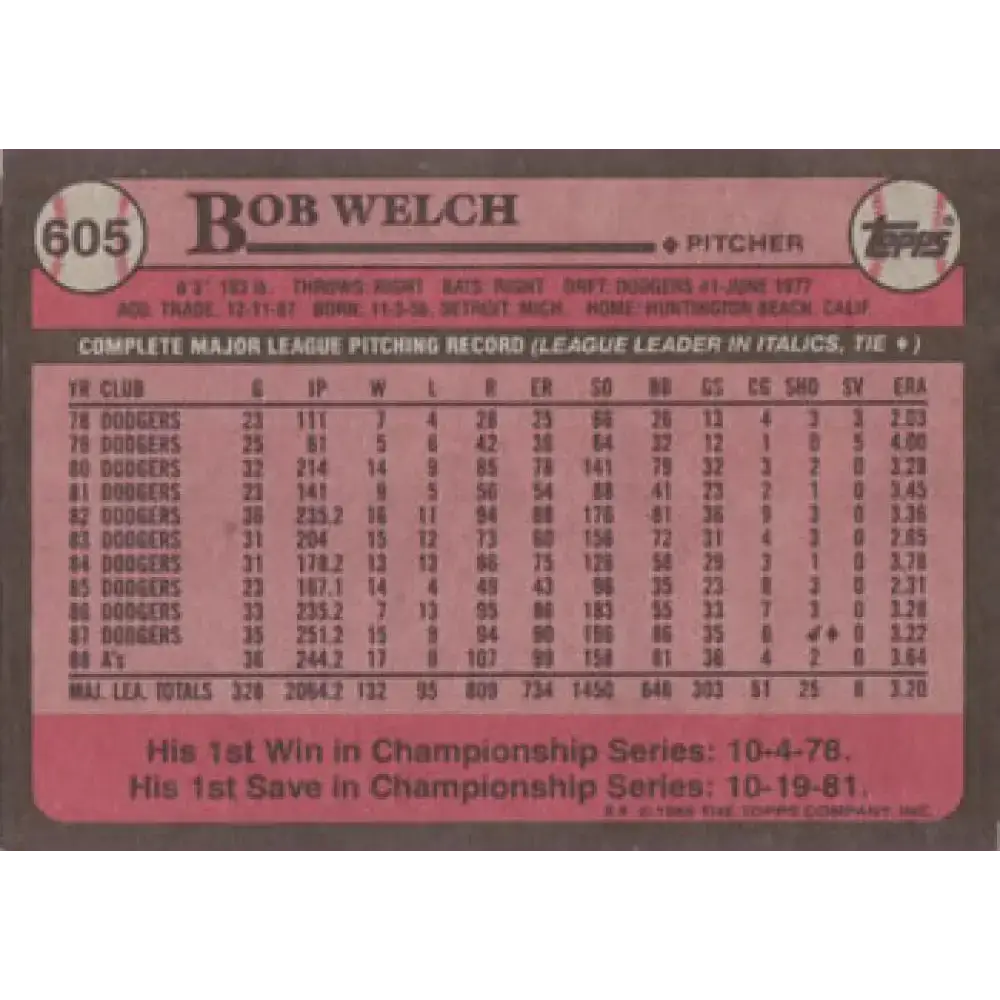 1989 Topps #605b Bob Welch COR NM-MT Oakland Athletics Baseball Card - Baseball Card Single