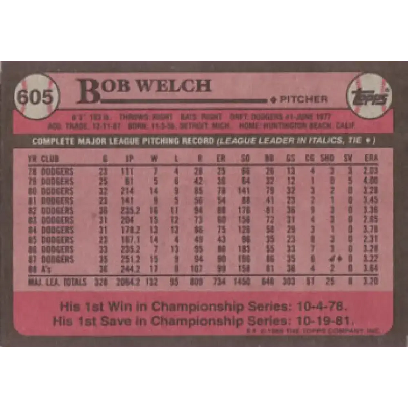 1989 Topps #605b Bob Welch COR NM-MT Oakland Athletics Baseball Card - Baseball Card Single