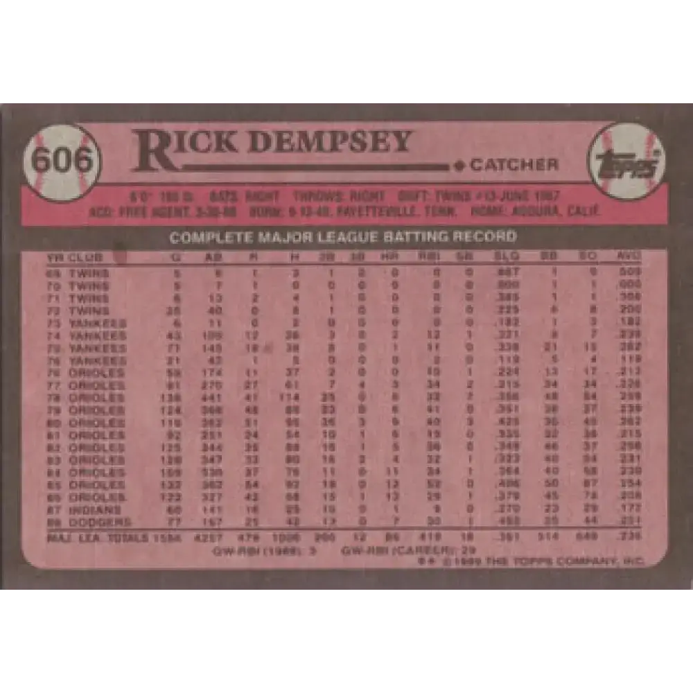 1989 Topps #606 Rick Dempsey NM-MT Los Angeles Dodgers Baseball Card - Baseball Card Single