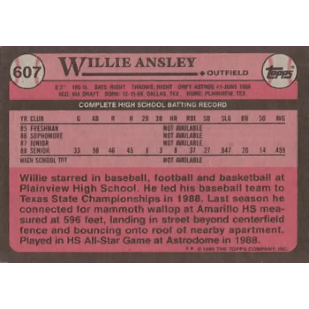 1989 Topps #607 Willie Ansley NM-MT RC Rookie Houston Astros Baseball Card - Baseball Card Single