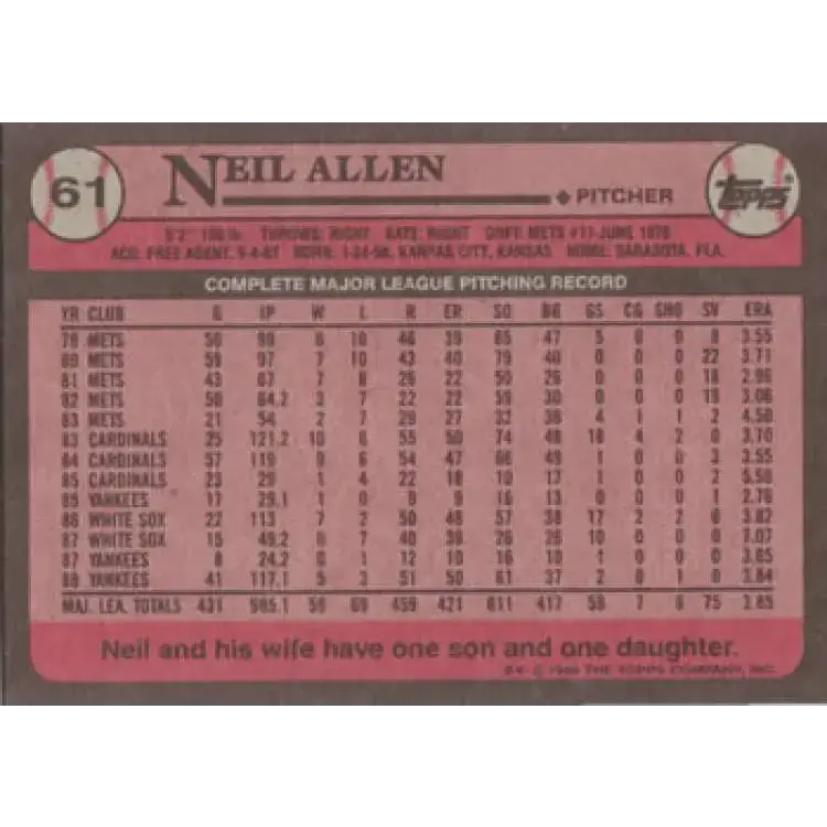 1989 Topps #61 Neil Allen NM-MT New York Yankees Baseball Card - Baseball Card Single