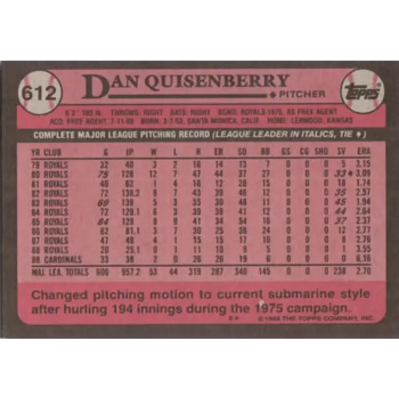 1989 Topps #612 Dan Quisenberry NM-MT St. Louis Cardinals Baseball Card - Baseball Card Single