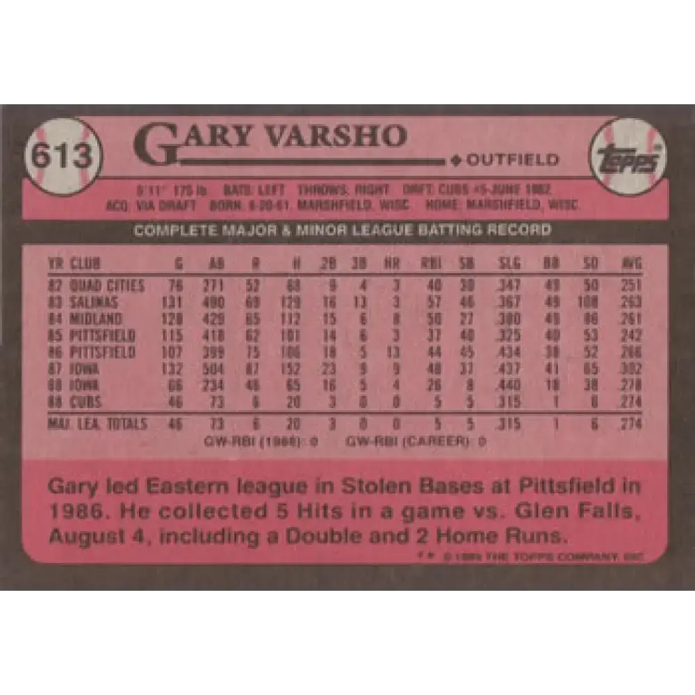 1989 Topps #613 Gary Varsho NM-MT Chicago Cubs Baseball Card - Baseball Card Single