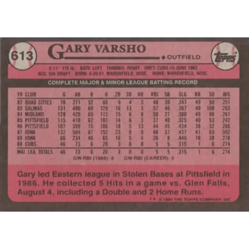 1989 Topps #613 Gary Varsho NM-MT Chicago Cubs Baseball Card - Baseball Card Single