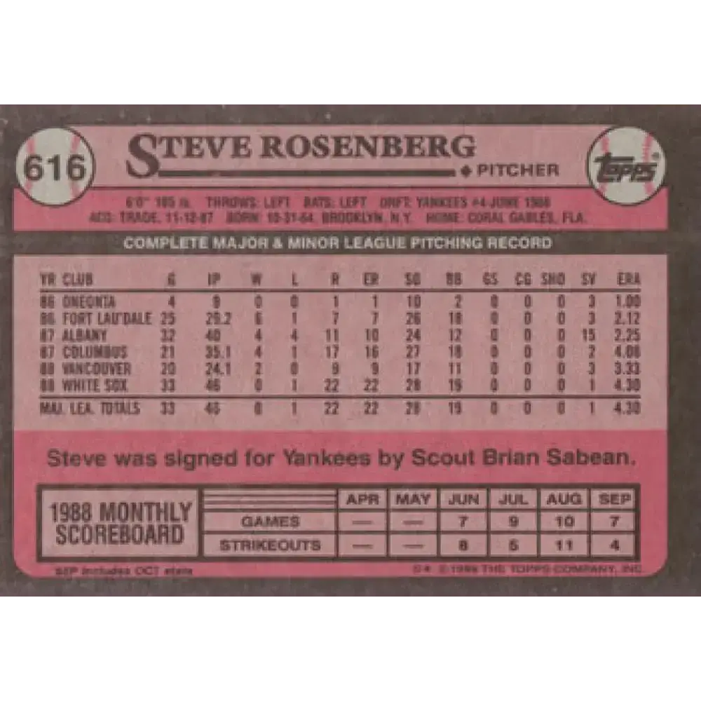 1989 Topps #616 Steve Rosenberg NM-MT Chicago White Sox Baseball Card - Baseball Card Single