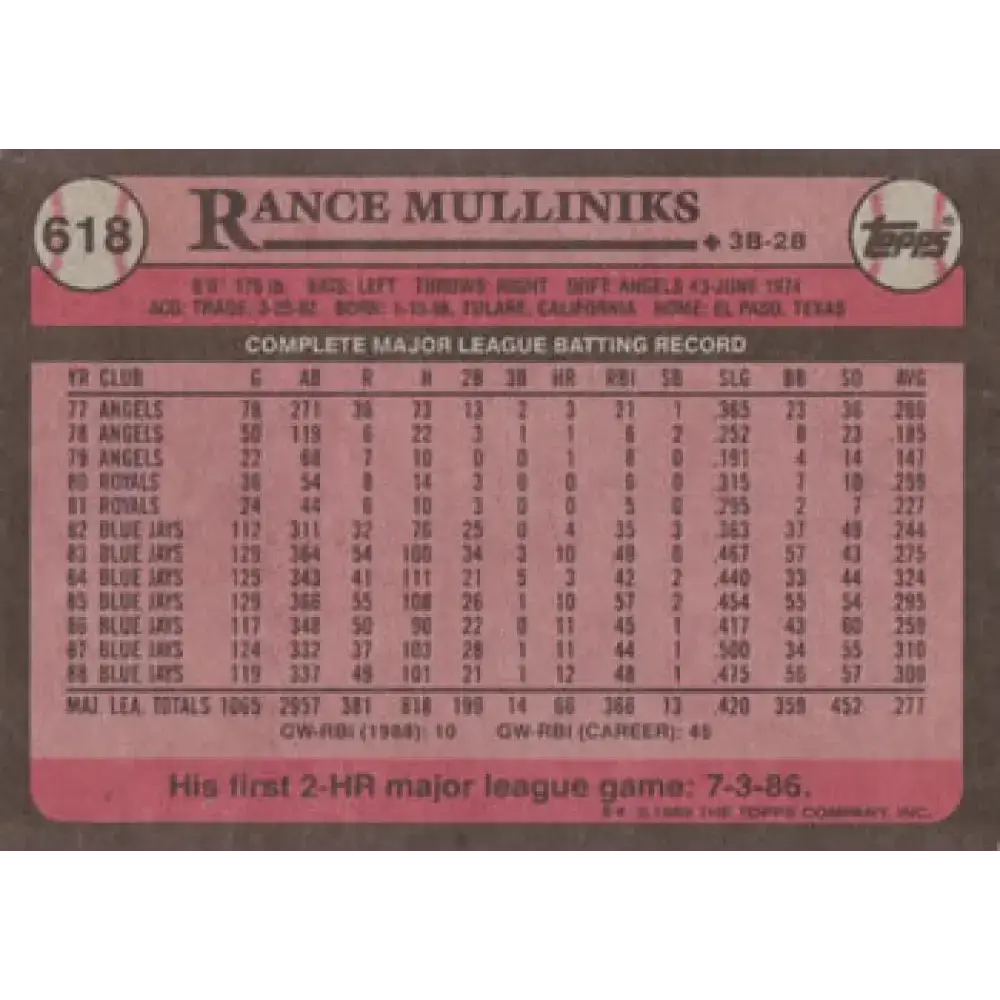 1989 Topps #618 Rance Mulliniks NM-MT Toronto Blue Jays Baseball Card - Baseball Card Single
