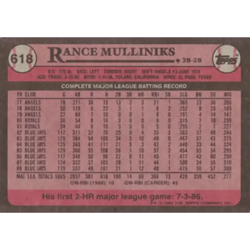 1989 Topps #618 Rance Mulliniks NM-MT Toronto Blue Jays Baseball Card - Baseball Card Single