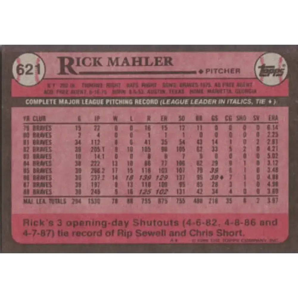 1989 Topps #621 Rick Mahler NM-MT Atlanta Braves Baseball Card - Baseball Card Single