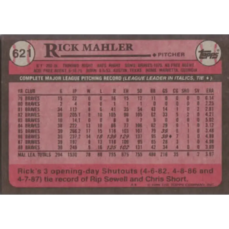 1989 Topps #621 Rick Mahler NM-MT Atlanta Braves Baseball Card - Baseball Card Single