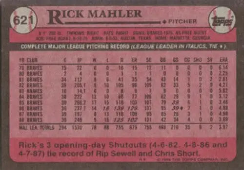 Baseball card back featuring original gloss from 1989 Topps Rick Mahler #621 Near Mint