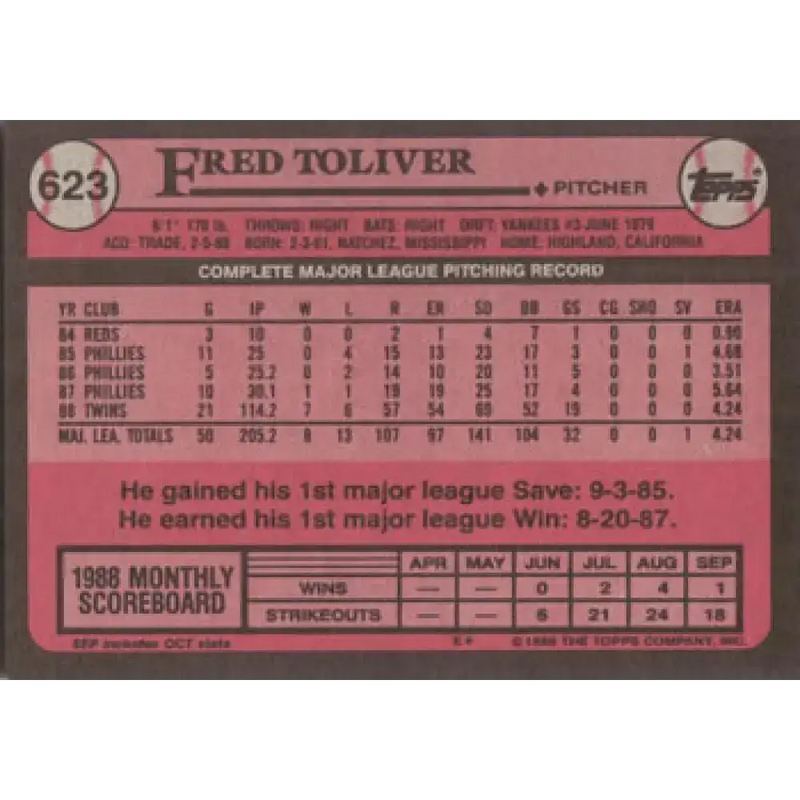 1989 Topps #623 Fred Toliver NM-MT Minnesota Twins Baseball Card