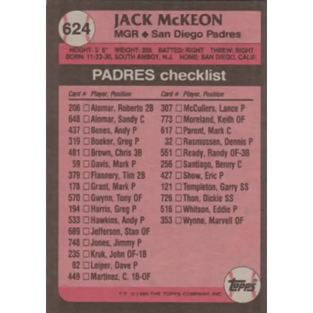 1989 Topps #624 Jack McKeon MG NM-MT San Diego Padres Baseball Card - Baseball Card Single