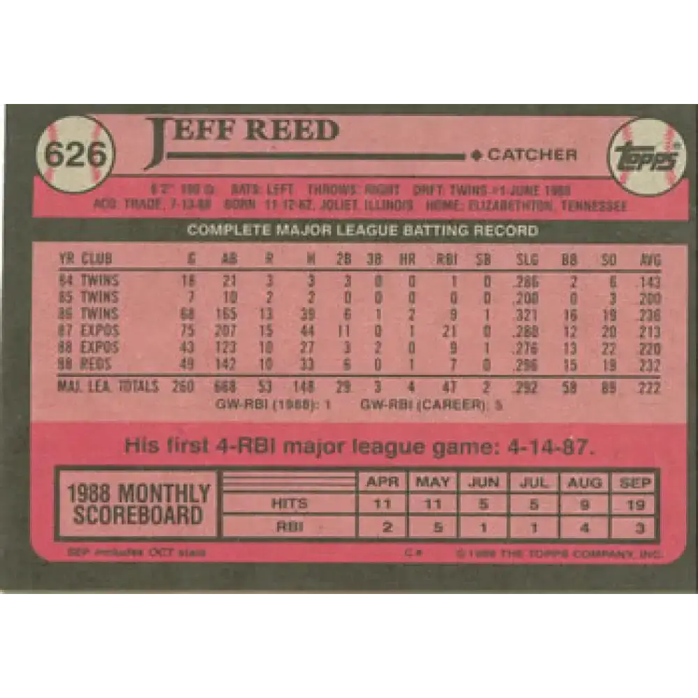 1989 Topps #626 Jeff Reed NM-MT Cincinnati Reds Baseball Card - Baseball Card Single