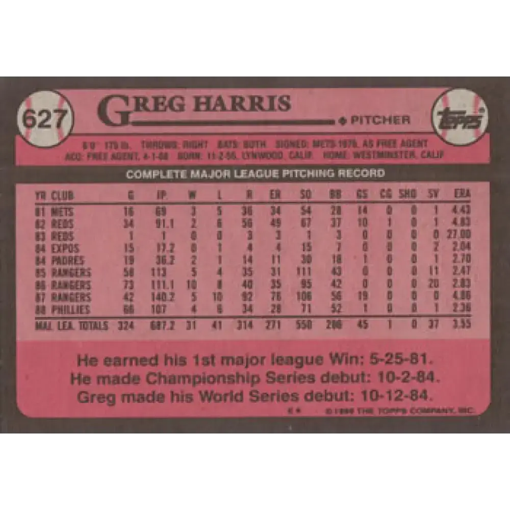 1989 Topps #627 Greg Harris NM-MT Philadelphia Phillies Baseball Card - Baseball Card Single