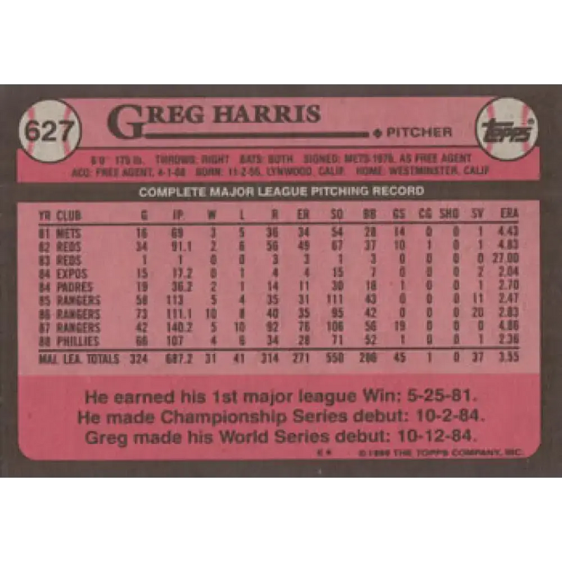 1989 Topps #627 Greg Harris NM-MT Philadelphia Phillies Baseball Card - Baseball Card Single