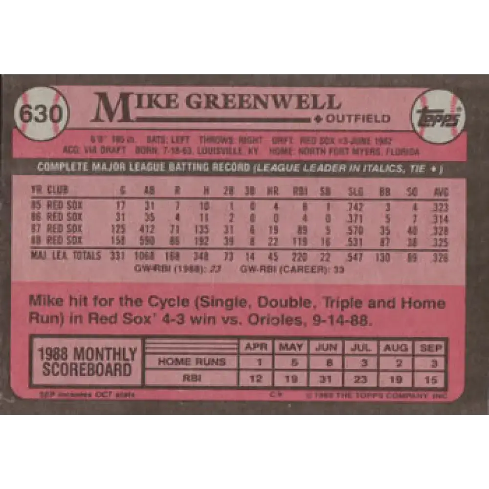 1989 Topps #630 Mike Greenwell NM-MT Boston Red Sox Baseball Card - Baseball Card Single