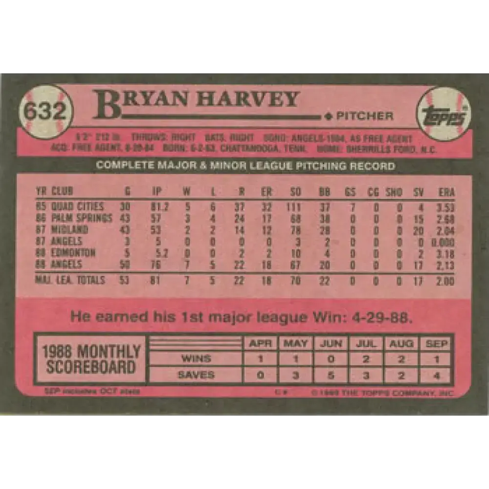 1989 Topps #632 Bryan Harvey NM-MT RC Rookie California Angels Baseball Card - Baseball Card Single