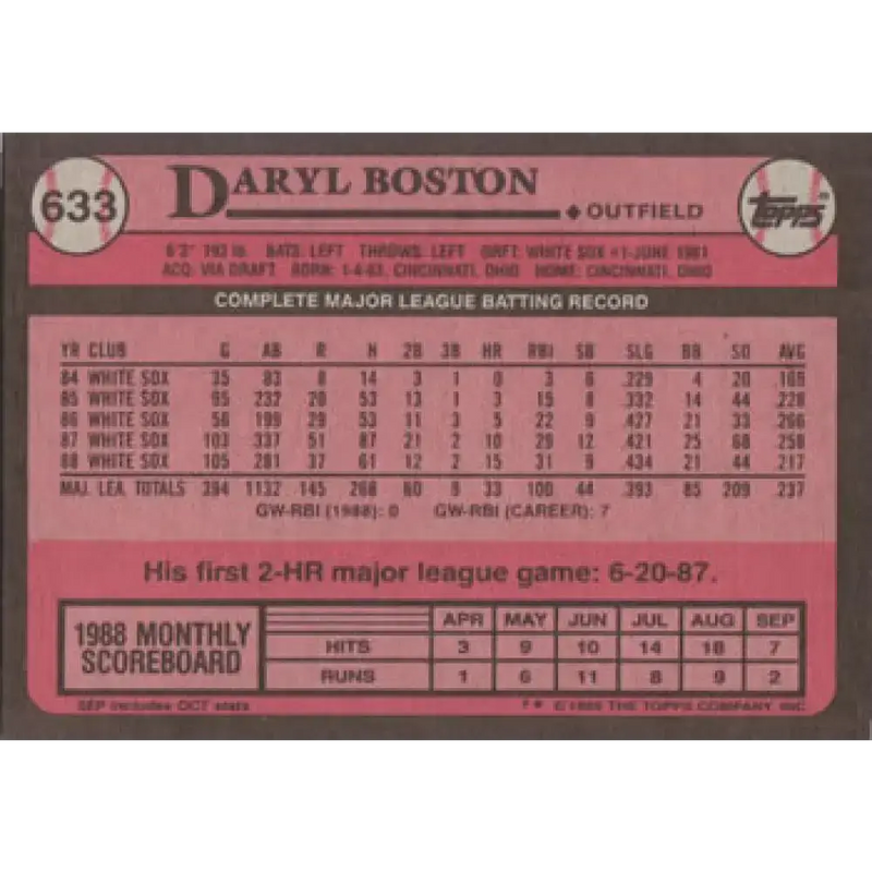 1989 Topps #633 Daryl Boston NM-MT Chicago White Sox Baseball Card - Baseball Card Single