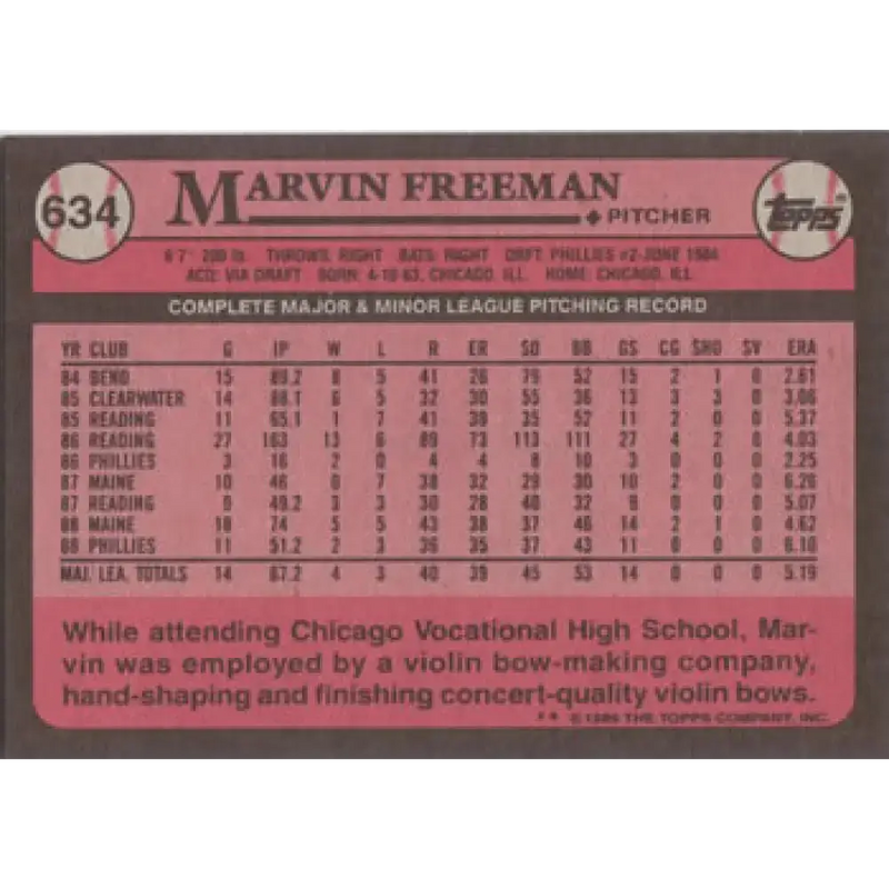 1989 Topps #634 Marvin Freeman NM-MT Philadelphia Phillies Baseball Card - Baseball Card Single