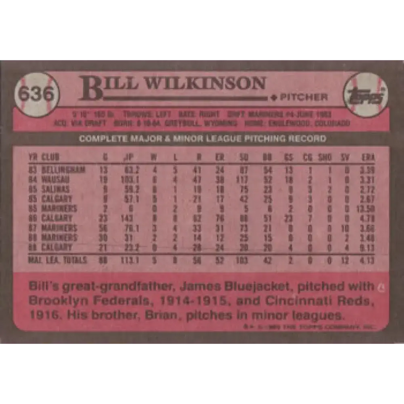 1989 Topps #636 Bill Wilkinson NM-MT Seattle Mariners Baseball Card - Baseball Card Single