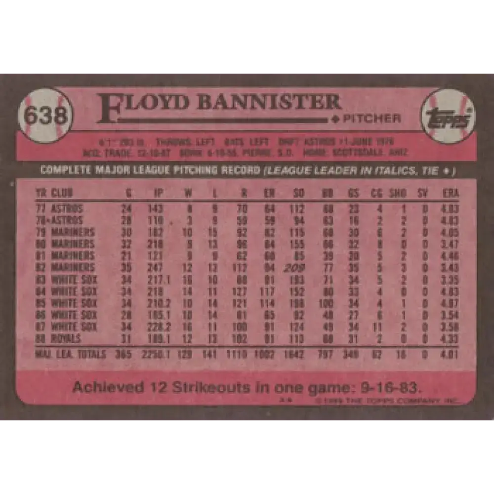 1989 Topps #638 Floyd Bannister NM-MT Kansas City Royals Baseball Card - Baseball Card Single