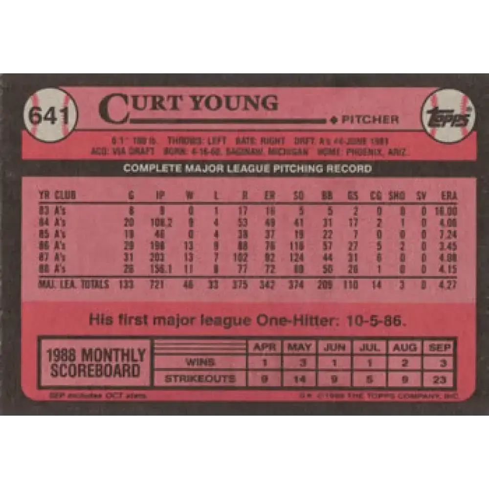 1989 Topps #641 Curt Young NM-MT Oakland Athletics Baseball Card - Baseball Card Single