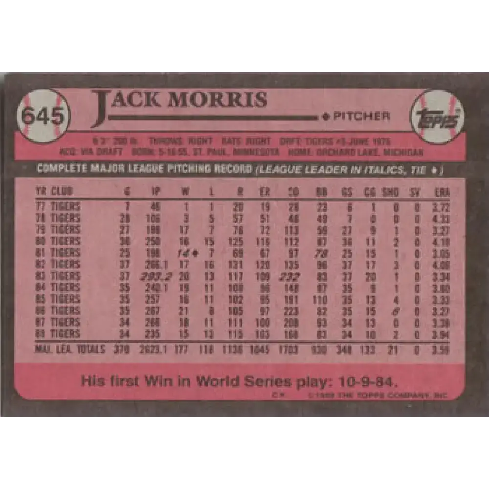 1989 Topps #645 Jack Morris NM-MT Detroit Tigers Baseball Card - Baseball Card Single