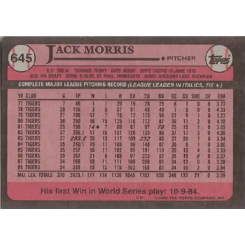 1989 Topps #645 Jack Morris NM-MT Detroit Tigers Baseball Card - Baseball Card Single