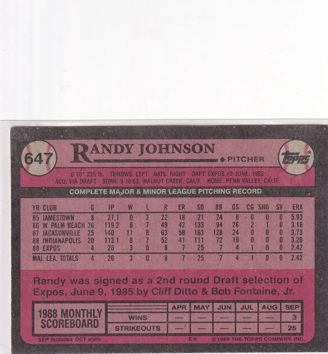 1989 TOPPS #647 RANDY JOHNSON- WASHINGTON EXPOS - Baseball Card Single