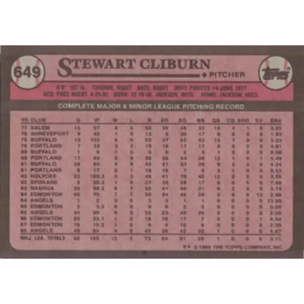 1989 Topps #649 Stew Cliburn NM-MT California Angels Baseball Card - Baseball Card Single
