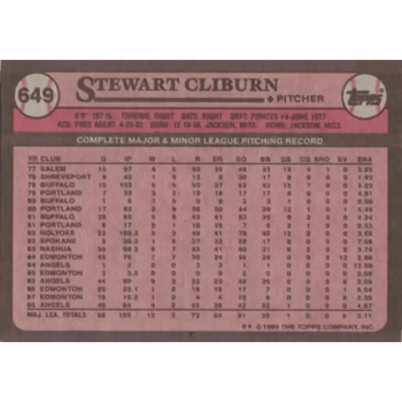 1989 Topps #649 Stew Cliburn NM-MT California Angels Baseball Card - Baseball Card Single
