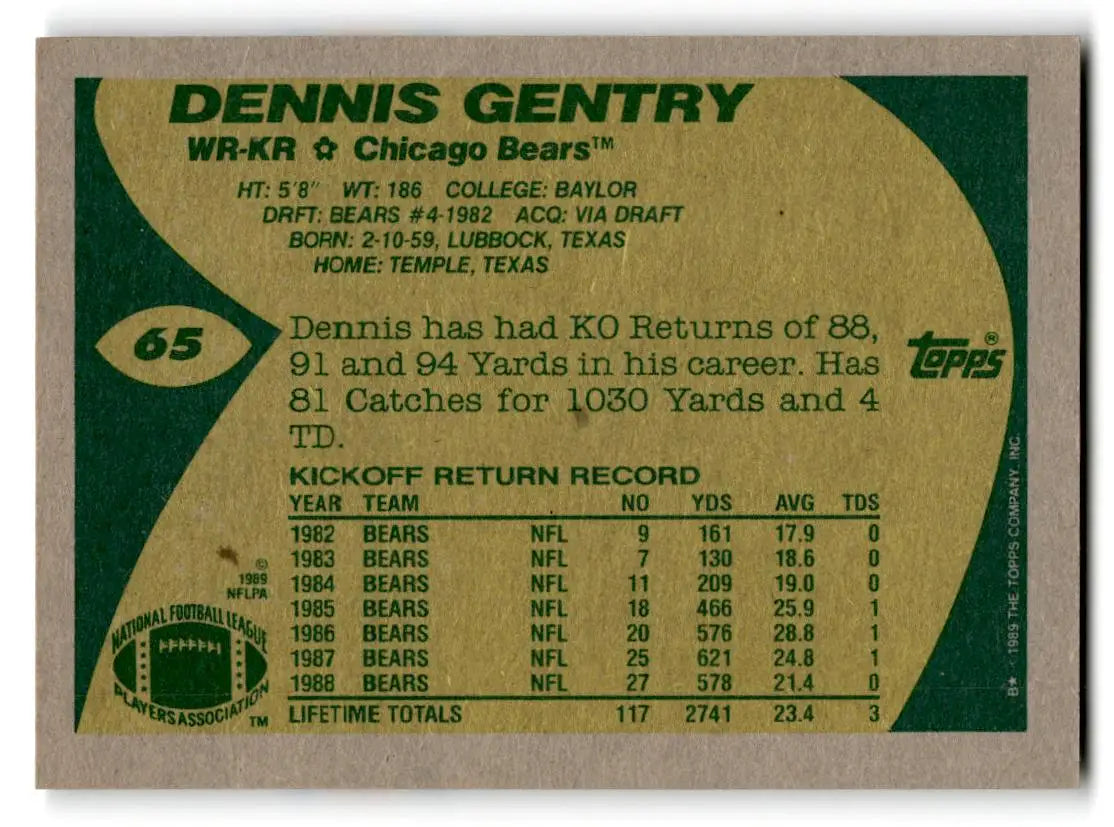 1989 Topps #65 Dennis Gentry - Football Card Single