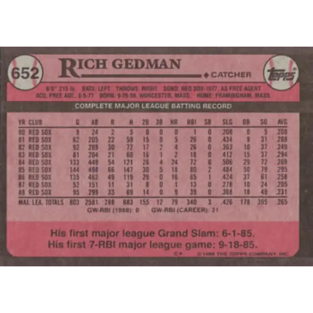 1989 Topps #652 Rich Gedman NM-MT Boston Red Sox Baseball Card - Baseball Card Single