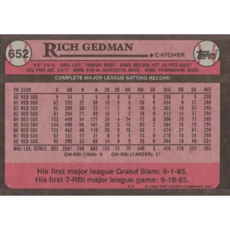 1989 Topps #652 Rich Gedman NM-MT Boston Red Sox Baseball Card - Baseball Card Single