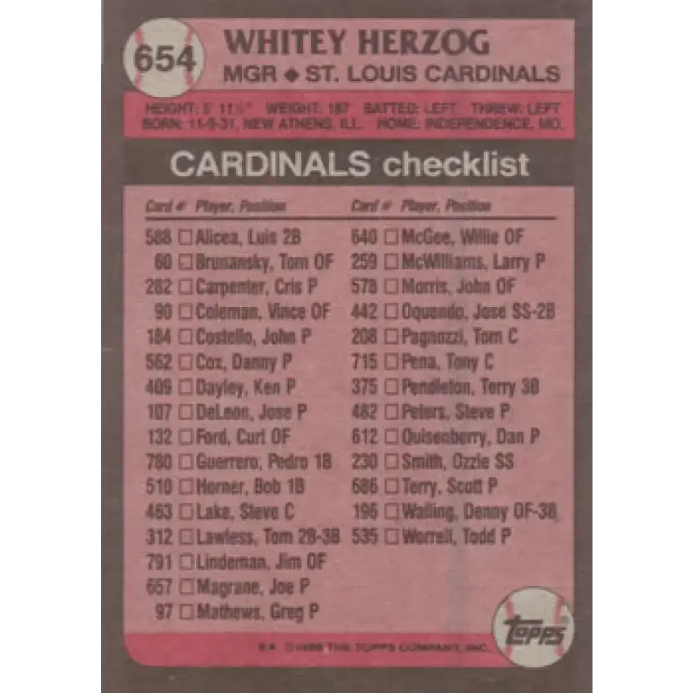 1989 Topps #654 Whitey Herzog MG NM-MT St. Louis Cardinals Baseball Card - Baseball Card Single