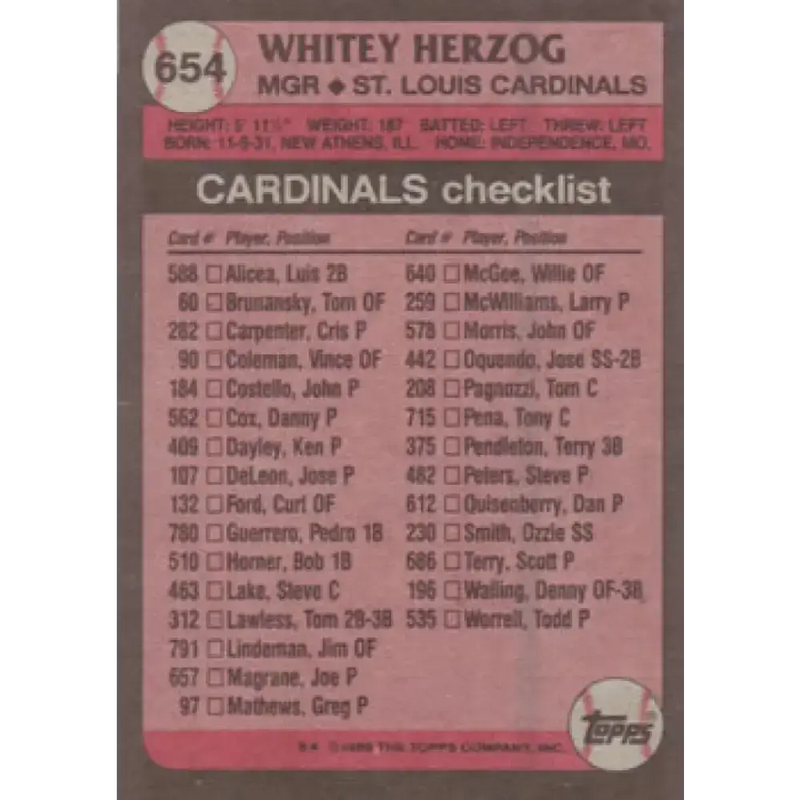 1989 Topps #654 Whitey Herzog MG NM-MT St. Louis Cardinals Baseball Card - Baseball Card Single