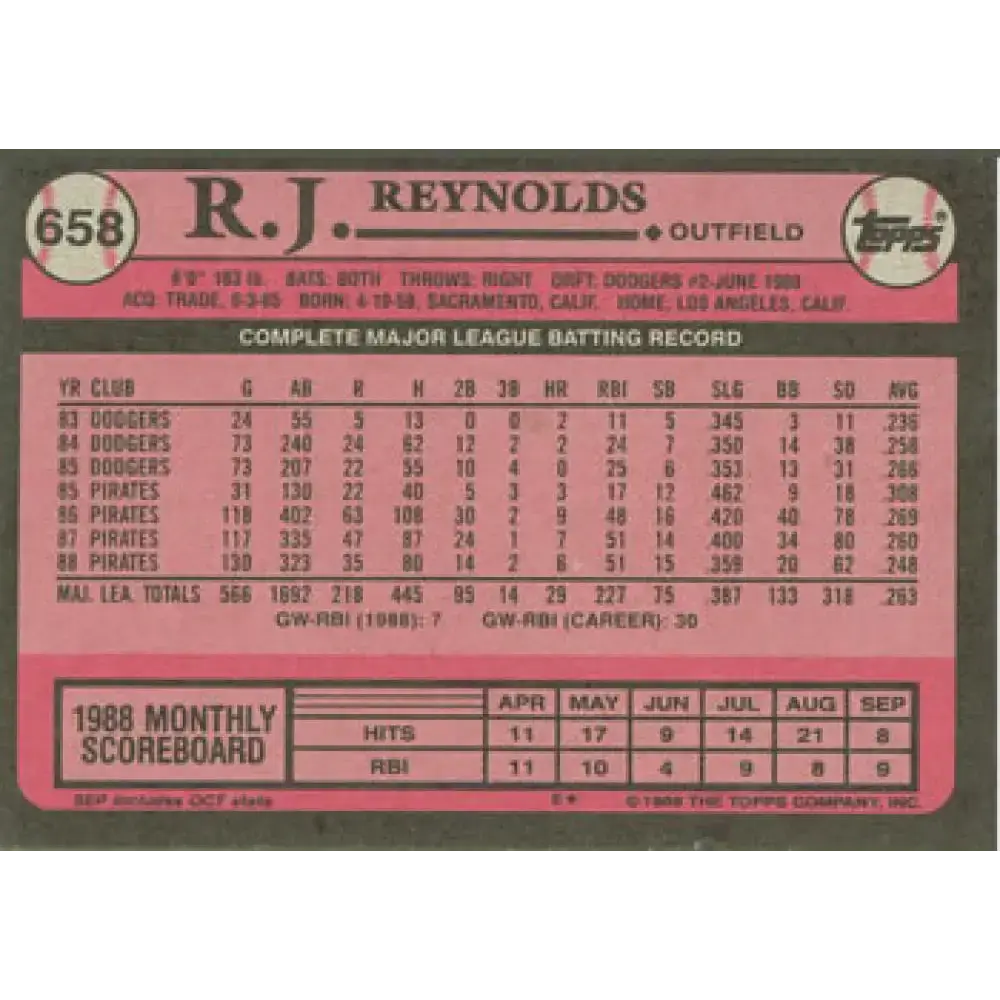 1989 Topps #658 R.J. Reynolds NM-MT Pittsburgh Pirates Baseball Card - Baseball Card Single