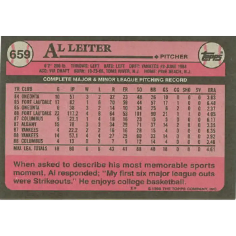 1989 Topps #659 Al Leiter NM-MT New York Yankees Baseball Card - Baseball Card Single