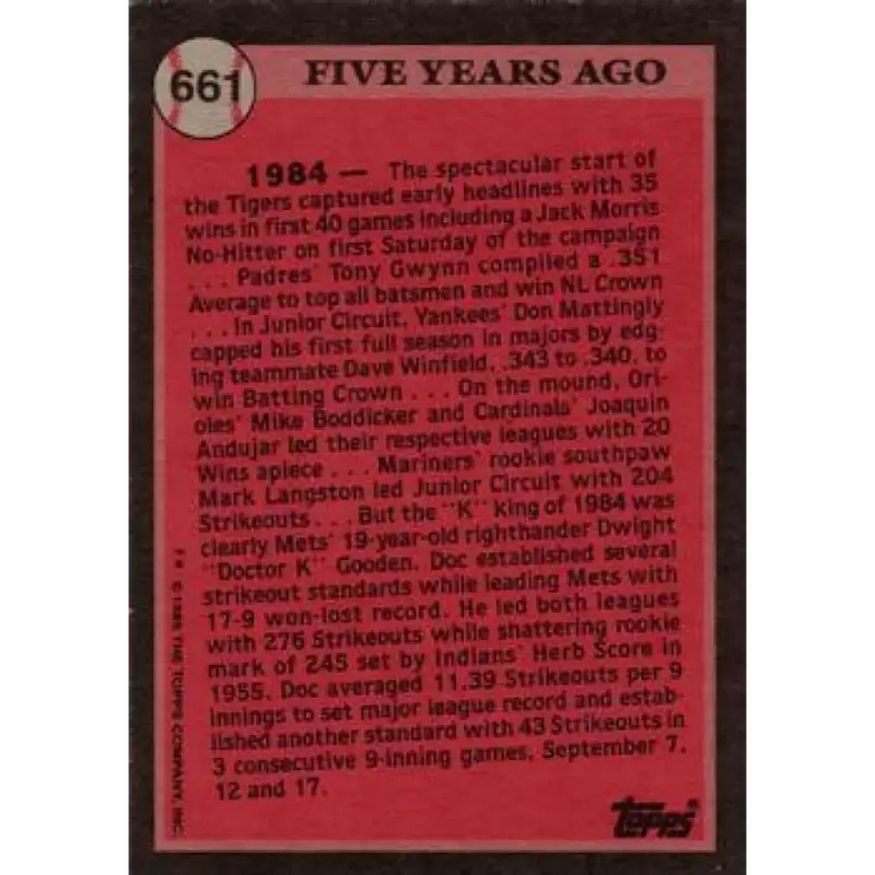 1989 Topps #661 Dwight Gooden NM-MT New York Mets Baseball Card - Baseball Card Single