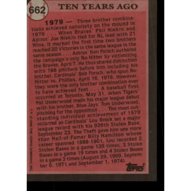1989 Topps #662 Lou Brock NM-MT St. Louis Cardinals Baseball Card - Baseball Card Single