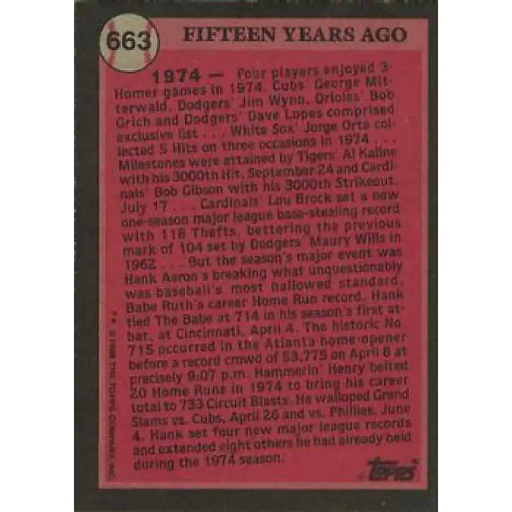 1989 Topps #663 Hank Aaron NM-MT Atlanta Braves Baseball Card - Baseball Card Single
