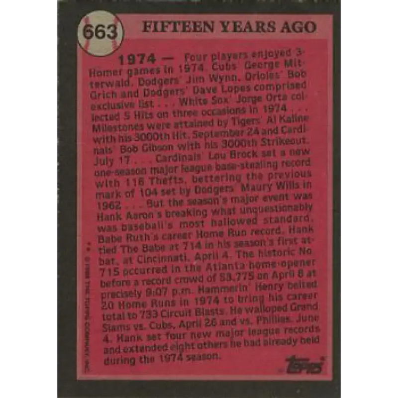 1989 Topps #663 Hank Aaron NM-MT Atlanta Braves Baseball Card - Baseball Card Single