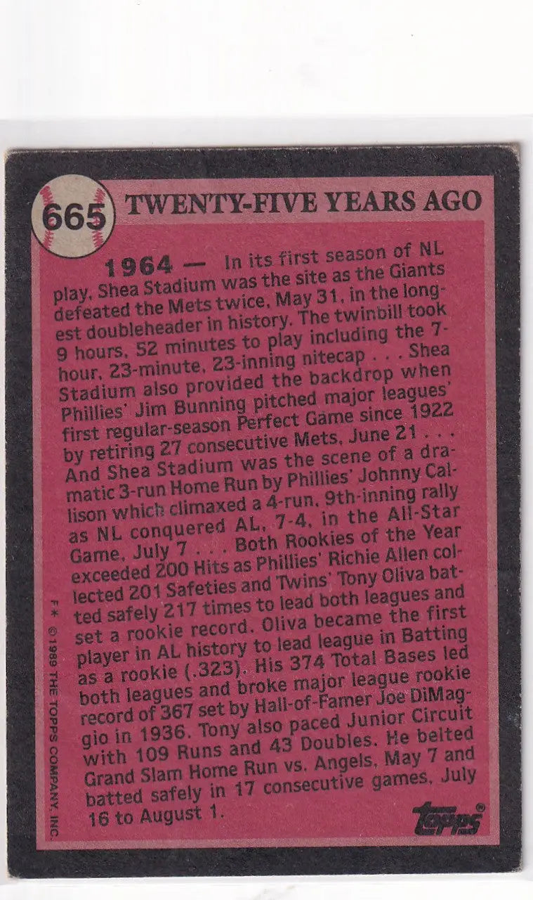 1989 TOPPS #665 TONY OLIVA TURN BACK THE CLOCK- MINNESOTA TWINS - Baseball Card Single