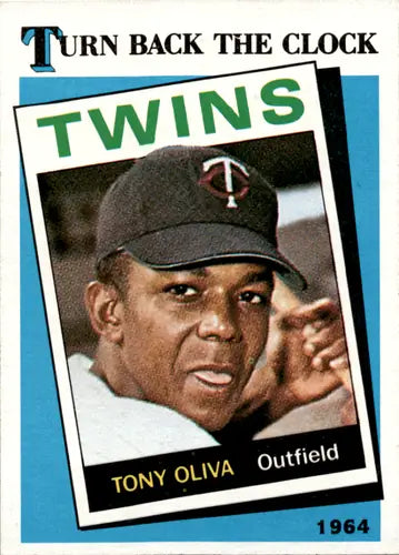 Original gloss 1989 Topps #665b Tony Oliva baseball card featuring Twins, near mint condition