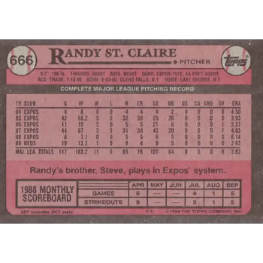 1989 Topps #666 Randy St. Claire NM-MT Cincinnati Reds Baseball Card - Baseball Card Single