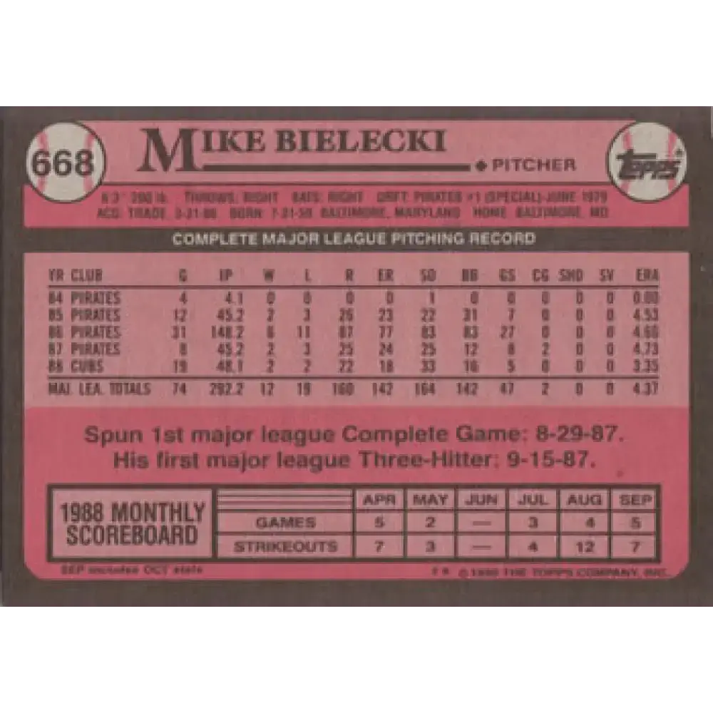 1989 Topps #668 Mike Bielecki NM-MT Chicago Cubs Baseball Card - Baseball Card Single